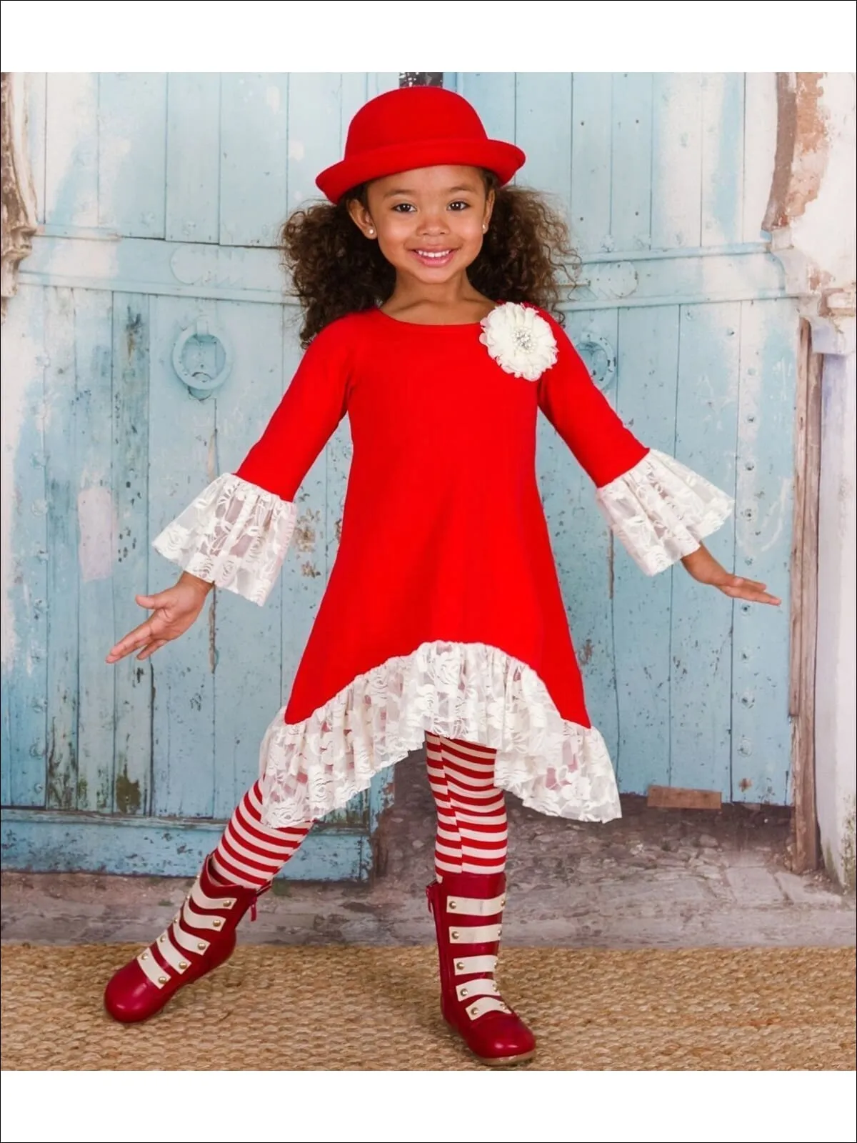 Girls Sidetail Red/Creme Ruffled Lace Sleeve Tunic And Printed Legging Set