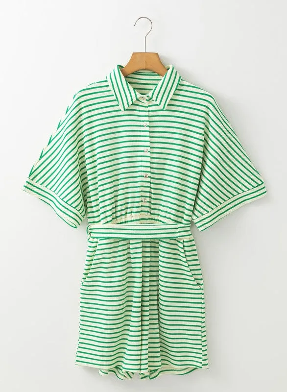 Green Stripe Tie Front Romper