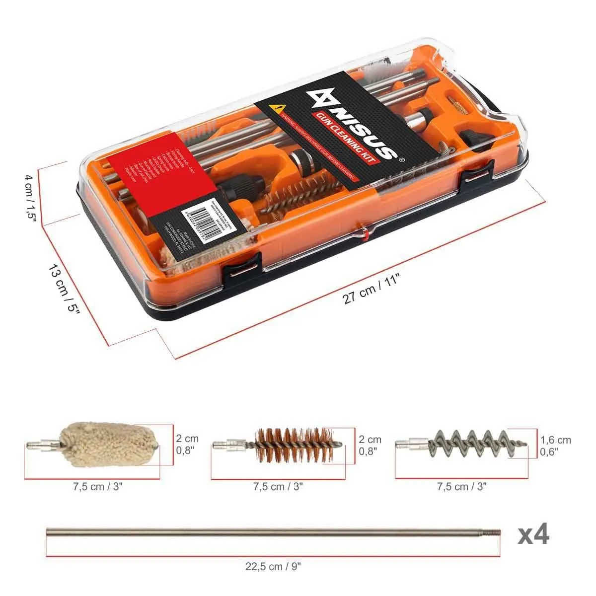 Gun Cleaning Kit, 16 Caliber, 11 Items, Plastic Case