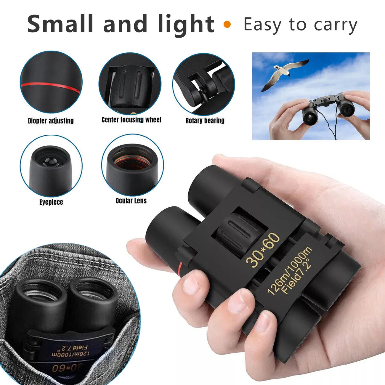 HD 30x60 Mini Day/Night Binoculars for Travel and Hunting