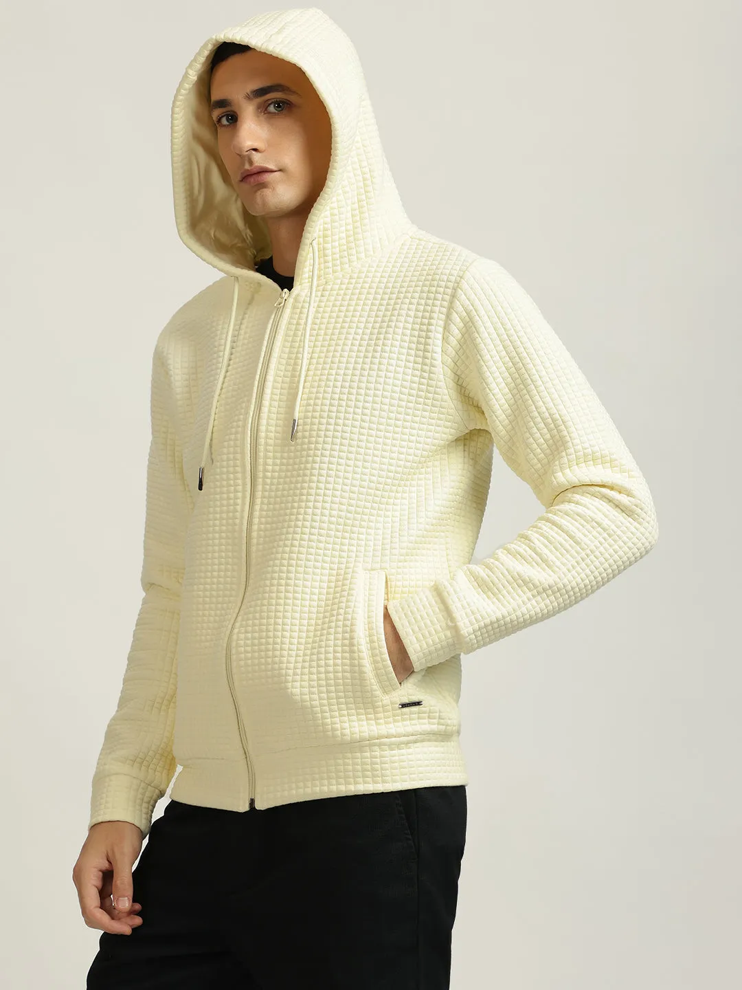 Iconic Men Yellow Self Design Hooded Full Sleeves Zip Through Sweatshirt