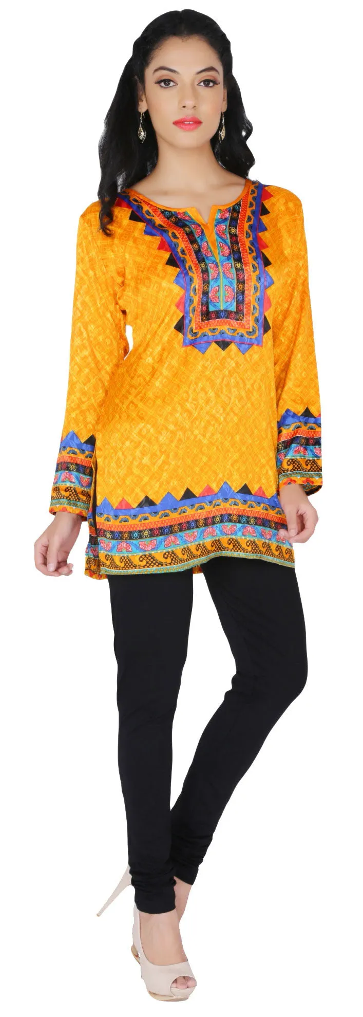 India Long Tunic Top Kurti Womens Printed Indian Apparel (Yellow)