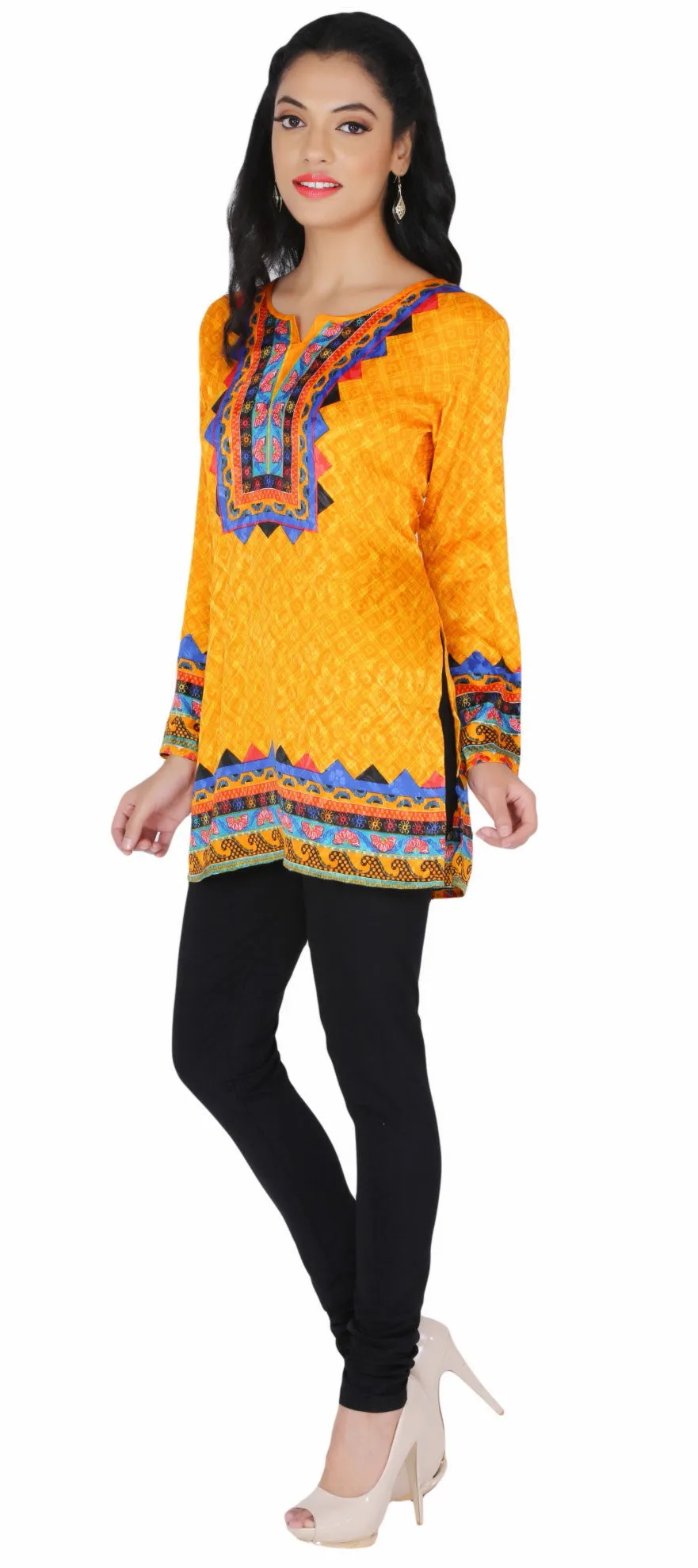 India Long Tunic Top Kurti Womens Printed Indian Apparel (Yellow)