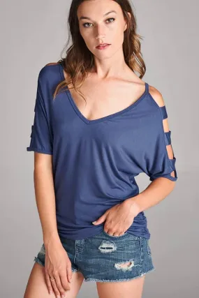 Indigo Blue Open Slits Cold Shoulder Top