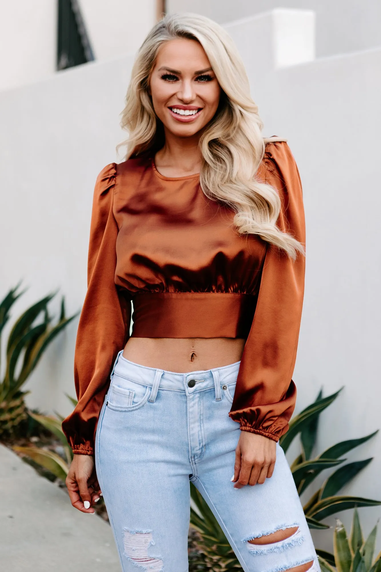 Irresistible Temptations Satin Tie-Back Crop Top (Rust)