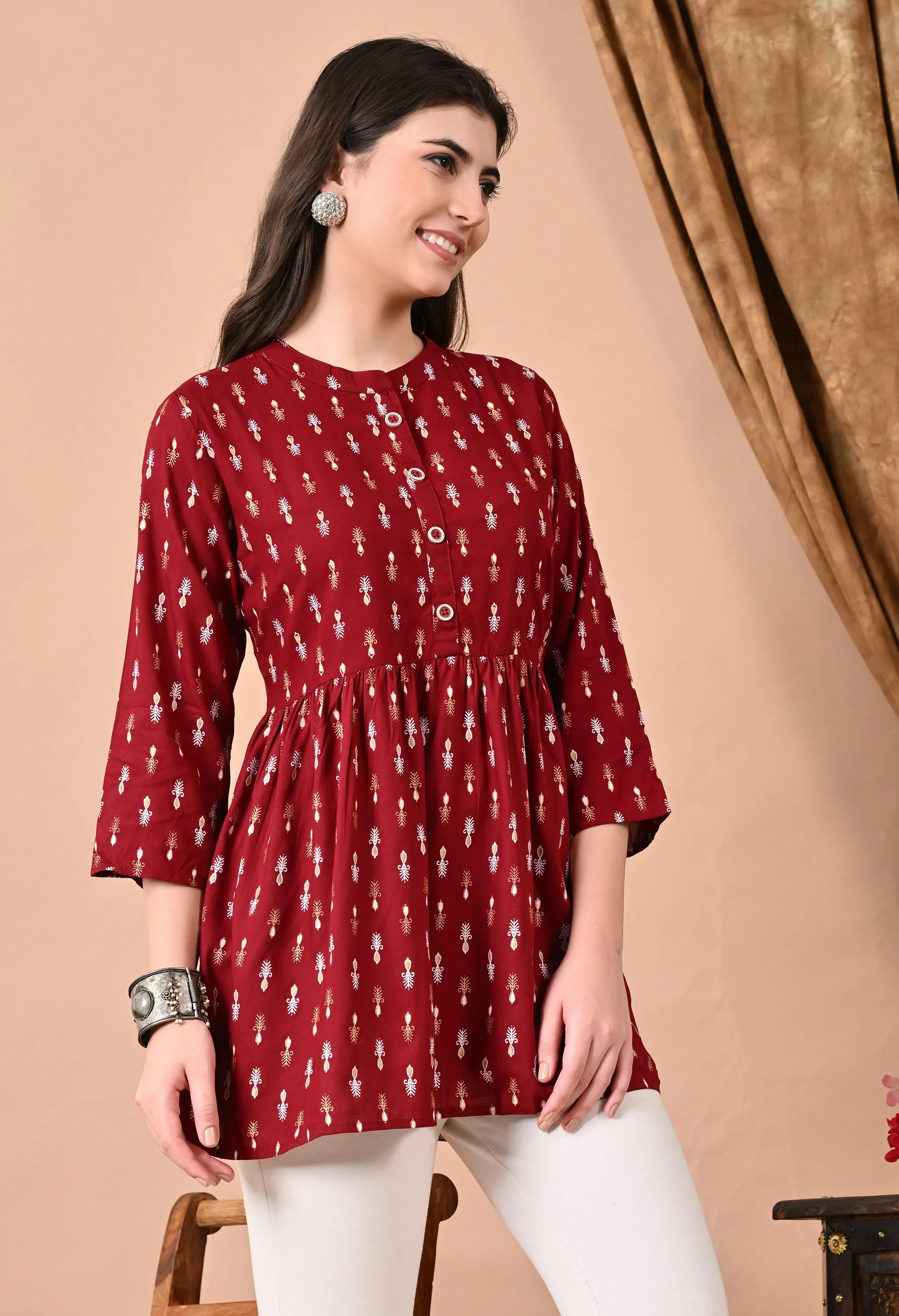 Jaipurite Maroon Printed Tunic in Viscos Rayon