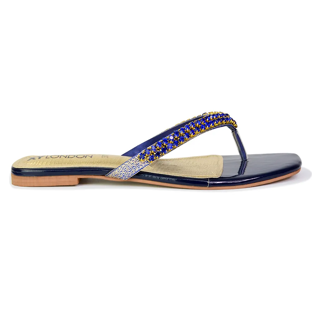 Jazlyn Flat Diamante Flip Flop Sandals Thong Summer Shoes in Navy