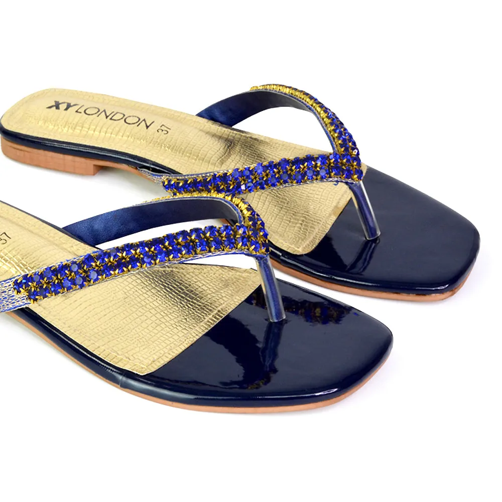 Jazlyn Flat Diamante Flip Flop Sandals Thong Summer Shoes in Navy