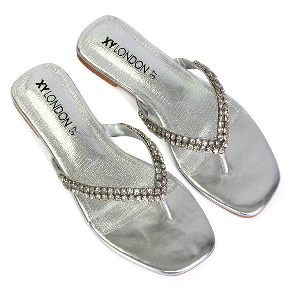 Jazlyn Flat Diamante Flip Flop Sandals Thong Summer Shoes in Navy