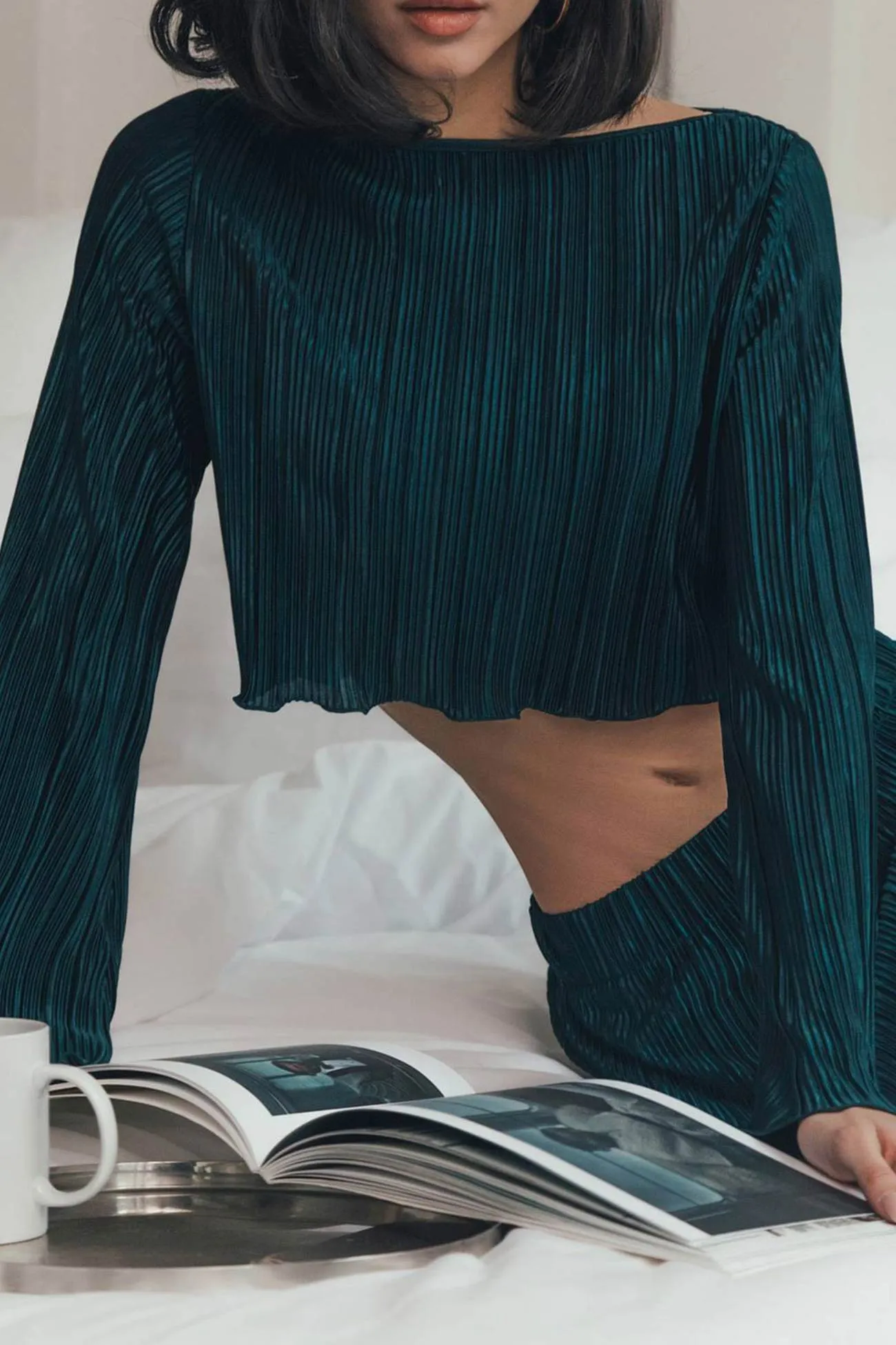 Joskaa Pleated Flares Sleeve Crop Top Midi Skirt Suits