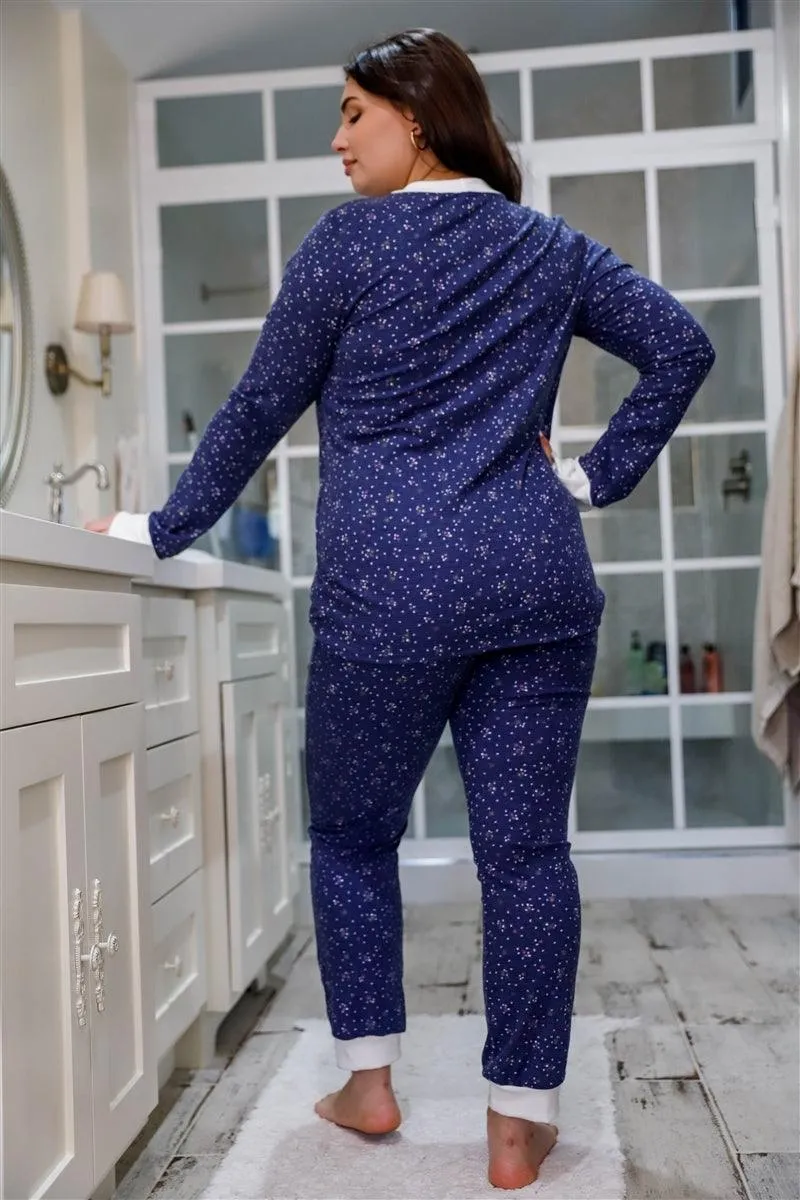 Junior Plus Size Navy Floral Print Long Sleeve Crewneck & Sweatpants Set