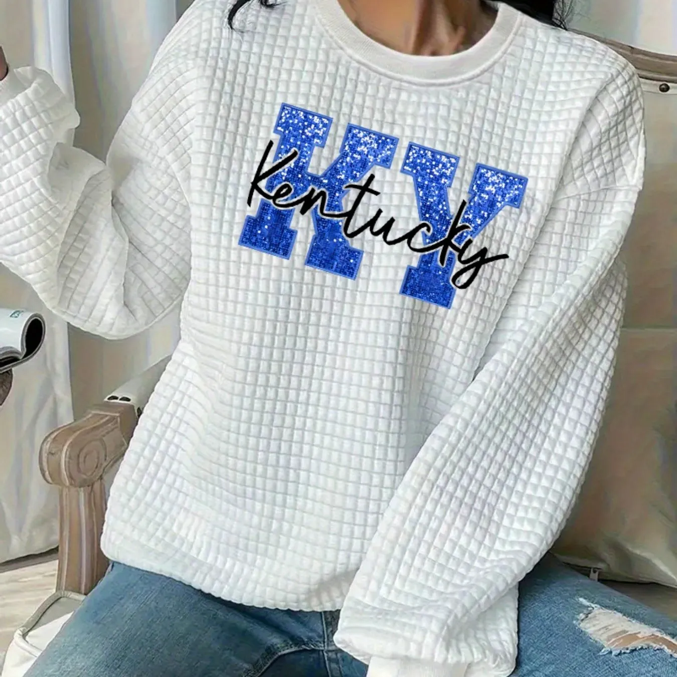 Kentucky Letter Applique Sweatshirt - Stretchy Crew-Neck Casual Top for Women, Perfect for Spring to Fall