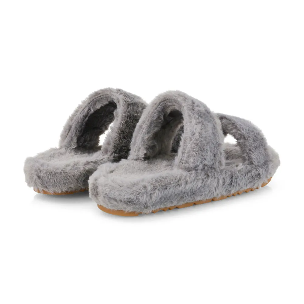 Kiara Fluffy Faux Fur Double Strap Slip on Cosy Lounge Flat Slippers in Grey