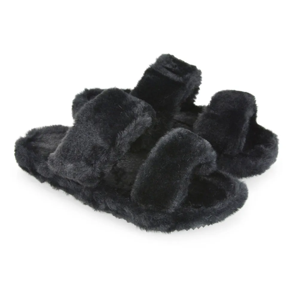 Kiara Fluffy Faux Fur Double Strap Slip on Cosy Lounge Flat Slippers in Grey