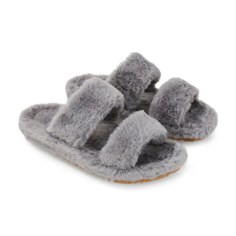 Kiara Fluffy Faux Fur Double Strap Slip on Cosy Lounge Flat Slippers in Grey