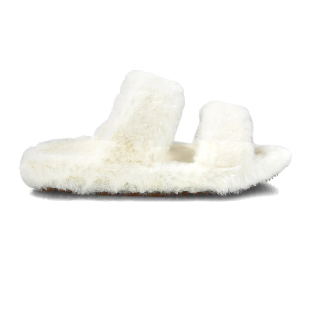 Kiara Fluffy Faux Fur Double Strap Slip on Cosy Lounge Flat Slippers in Grey