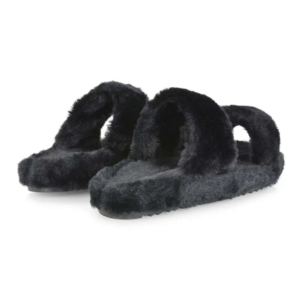 Kiara Fluffy Faux Fur Double Strap Slip on Cosy Lounge Flat Slippers in Grey