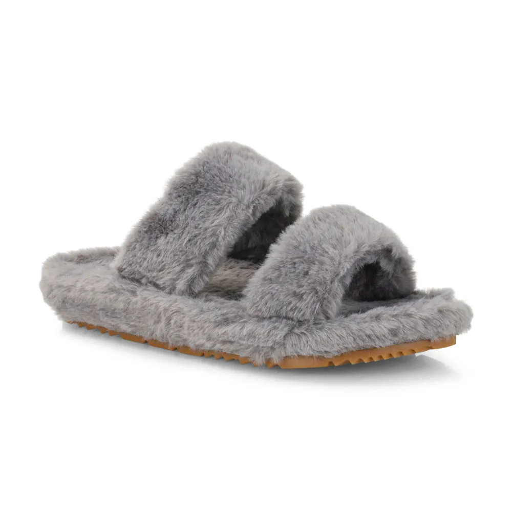 Kiara Fluffy Faux Fur Double Strap Slip on Cosy Lounge Flat Slippers in Grey