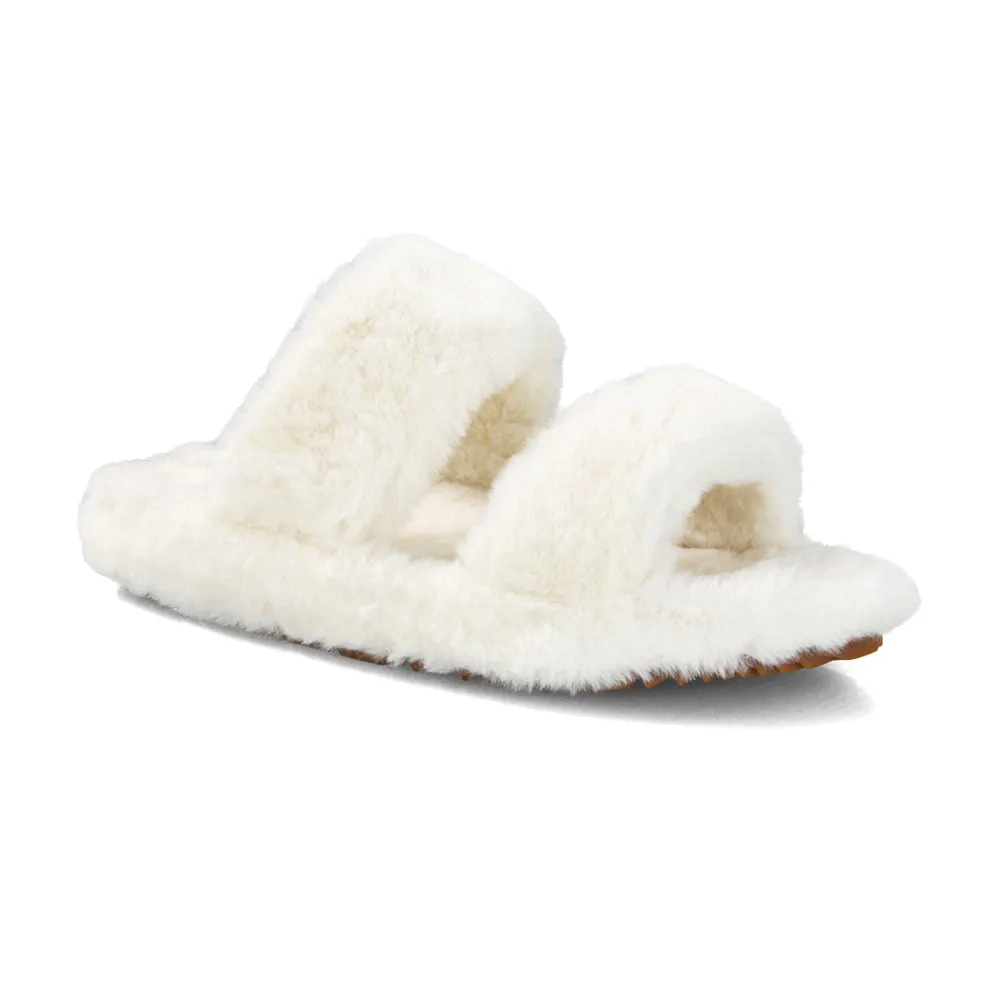 Kiara Fluffy Faux Fur Double Strap Slip on Cosy Lounge Flat Slippers in Grey