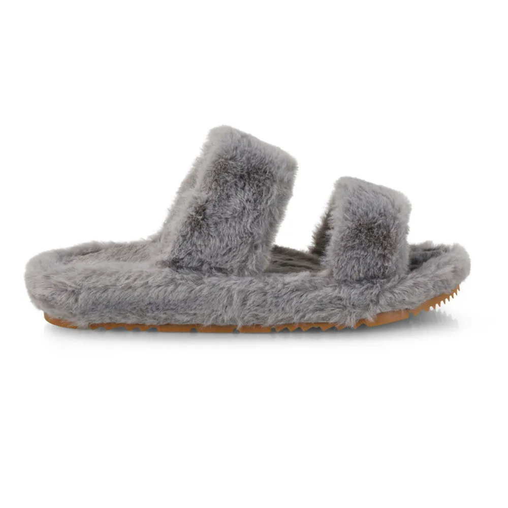 Kiara Fluffy Faux Fur Double Strap Slip on Cosy Lounge Flat Slippers in Grey