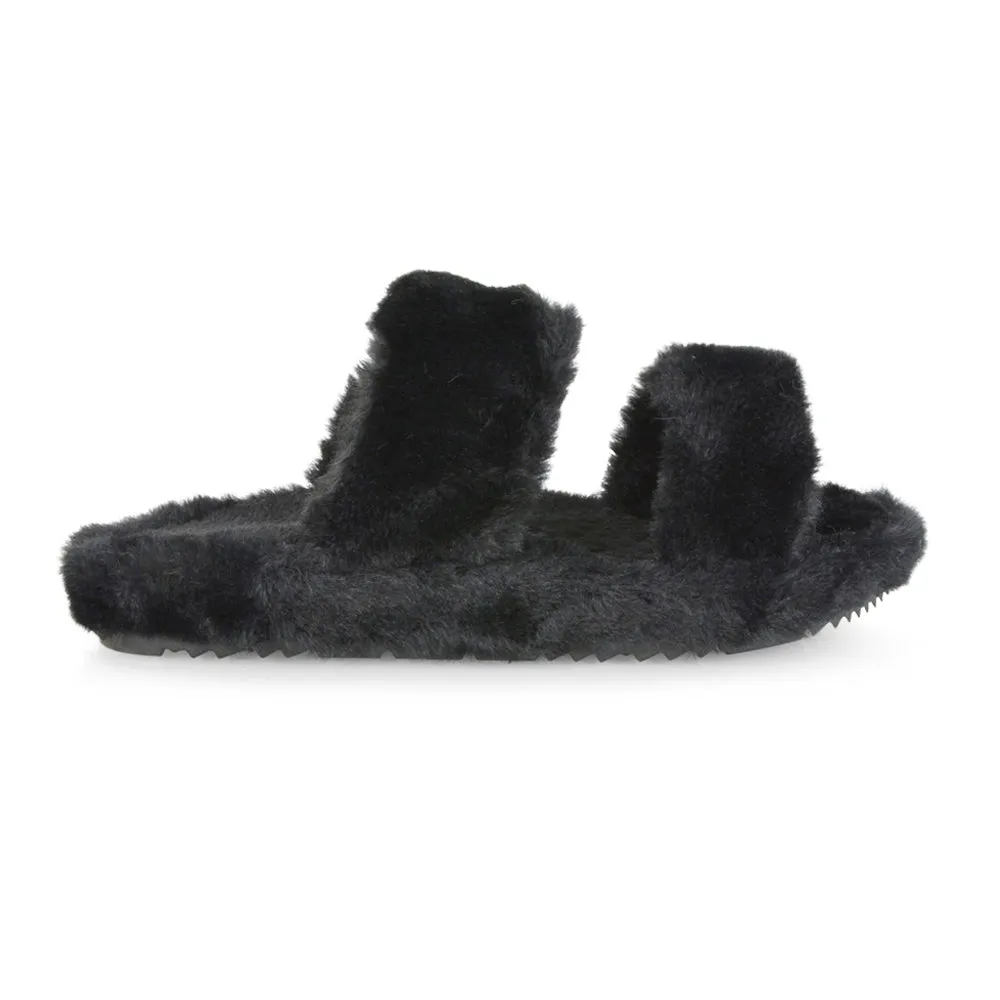 Kiara Fluffy Faux Fur Double Strap Slip on Cosy Lounge Flat Slippers in Grey