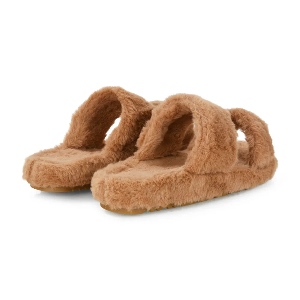 Kiara Fluffy Faux Fur Double Strap Slip on Cosy Lounge Flat Slippers in Taupe