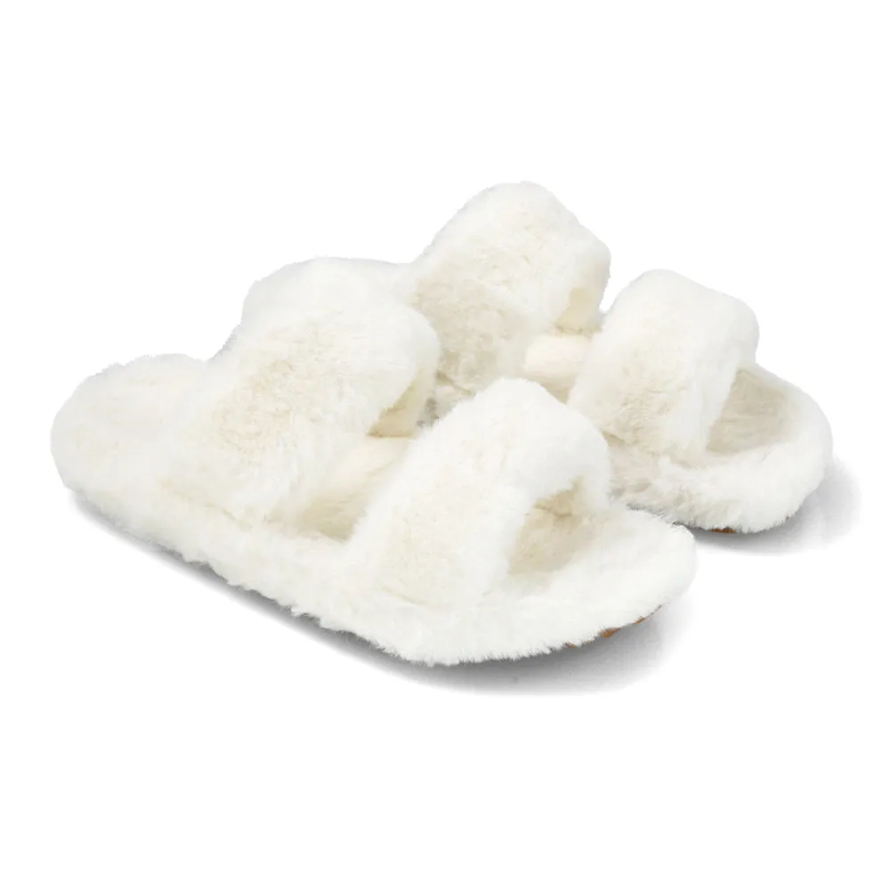 Kiara Fluffy Faux Fur Double Strap Slip on Cosy Lounge Flat Slippers in Taupe