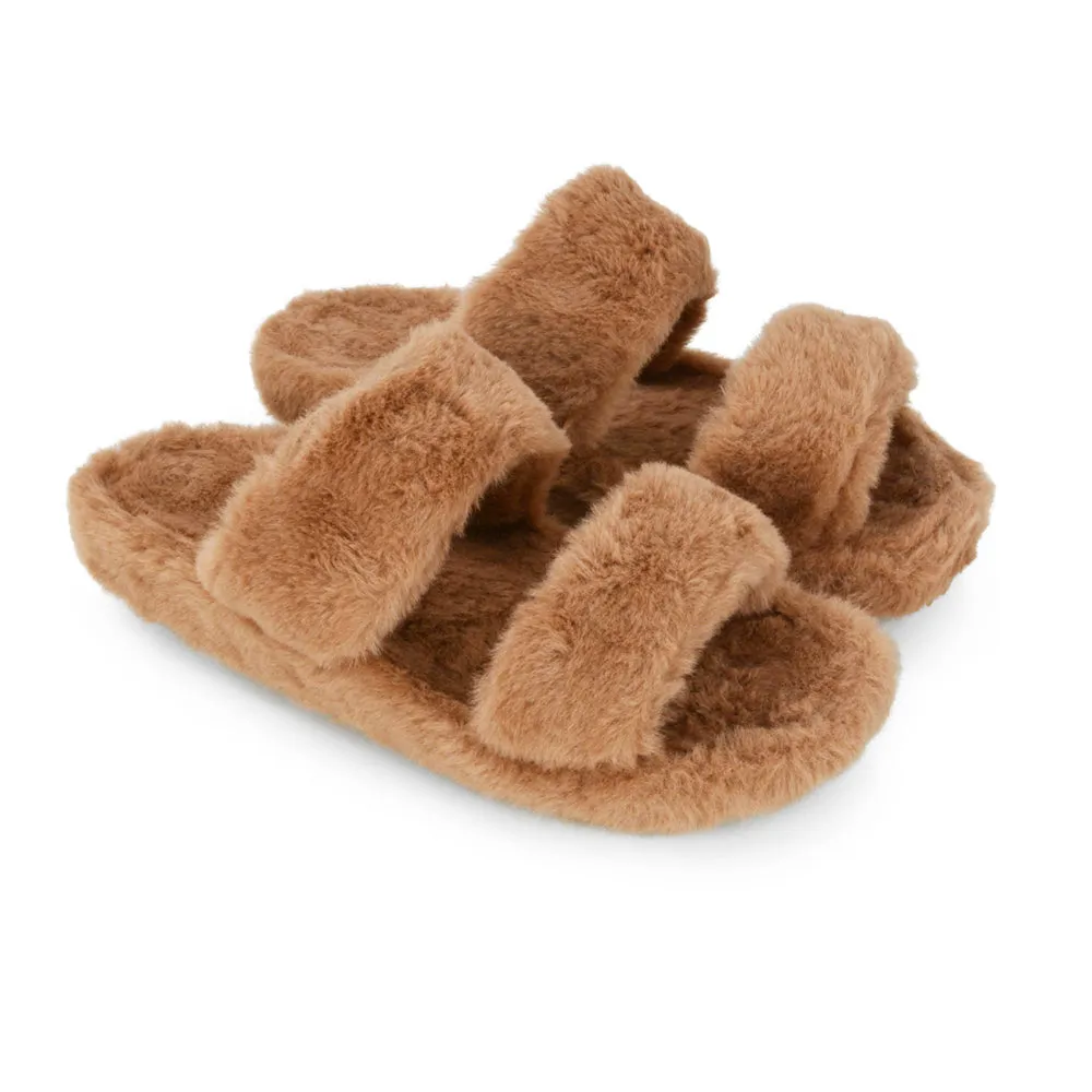 Kiara Fluffy Faux Fur Double Strap Slip on Cosy Lounge Flat Slippers in Taupe