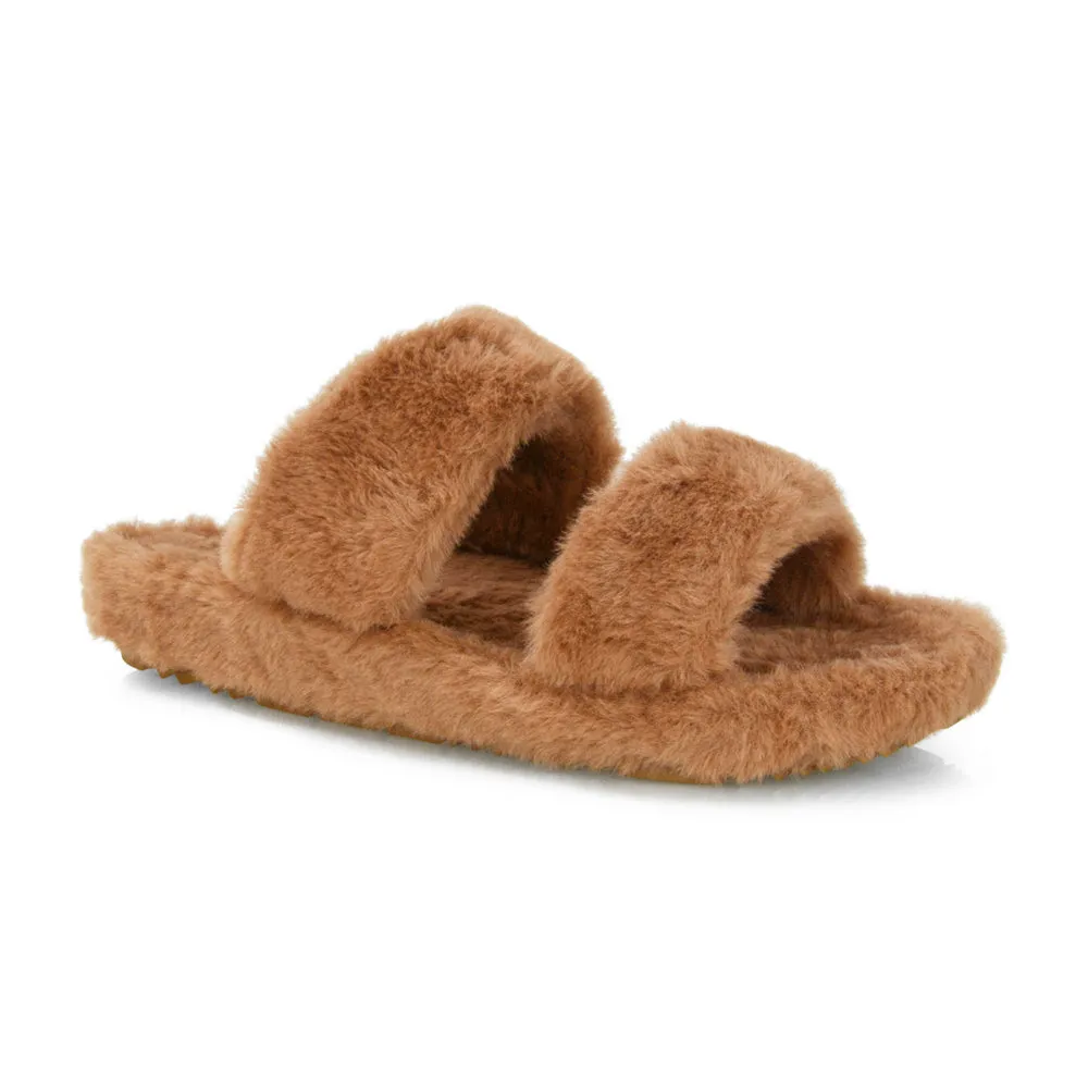 Kiara Fluffy Faux Fur Double Strap Slip on Cosy Lounge Flat Slippers in Taupe