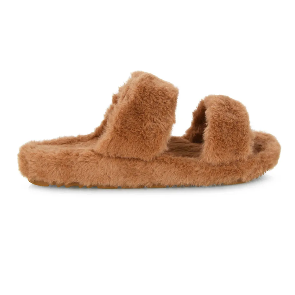 Kiara Fluffy Faux Fur Double Strap Slip on Cosy Lounge Flat Slippers in Taupe