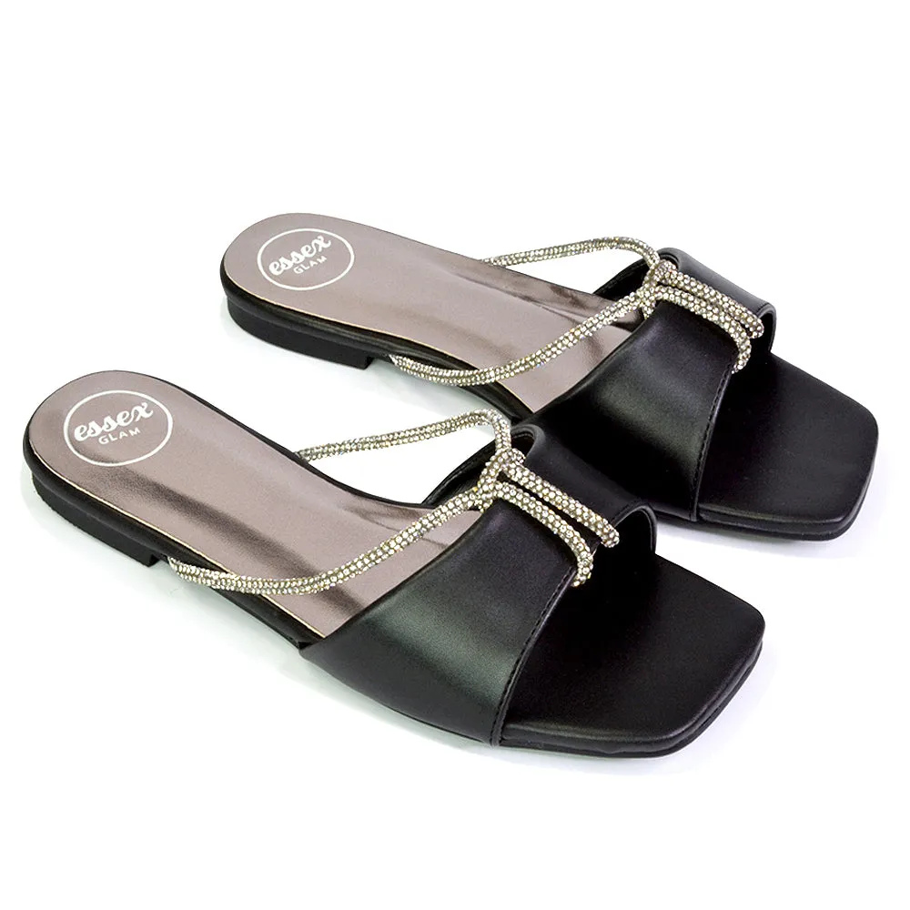 Leah Diamante Flat Sandals Square Toe Slip on Slider Mule Shoes in Black