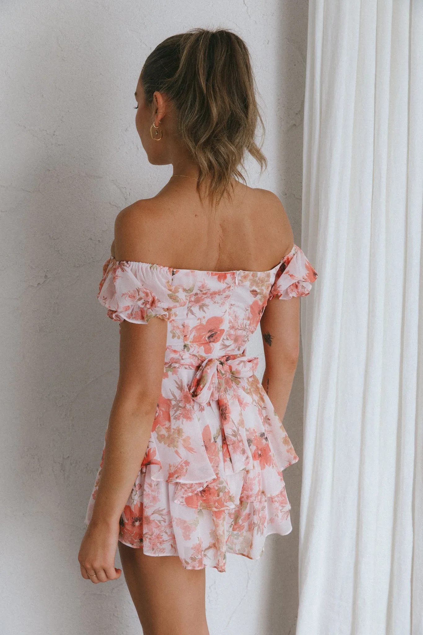 Linka Off-Shoulder Tie Back Romper Floral Pink