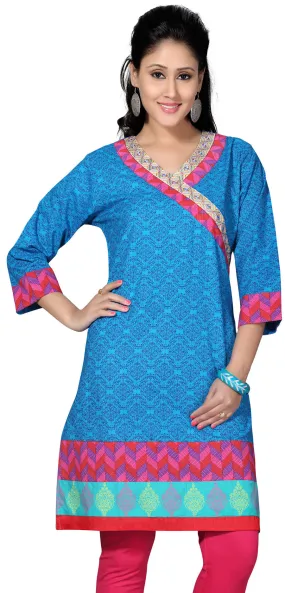 Long  Kurti Womens Embroidered Cotton Indian Clothing (Blue)