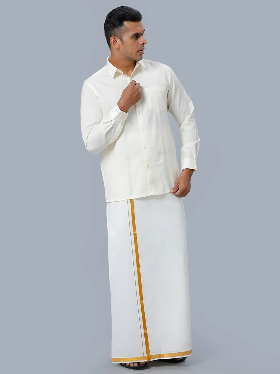 Men Cotton Full Sleeves Cream Shirt with Gold Jari 1/2" inch Single Dhoti Combo