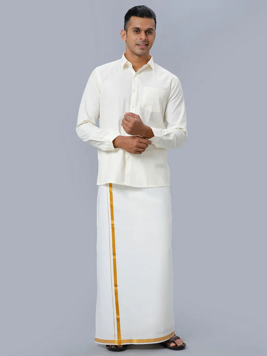 Men Cotton Full Sleeves Cream Shirt with Gold Jari 1/2" inch Single Dhoti Combo