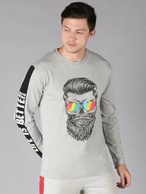 Men Grey Graphic Printed Round Neck Organic Cotton Long Sleeve Regular Fit Casual T-Shirt