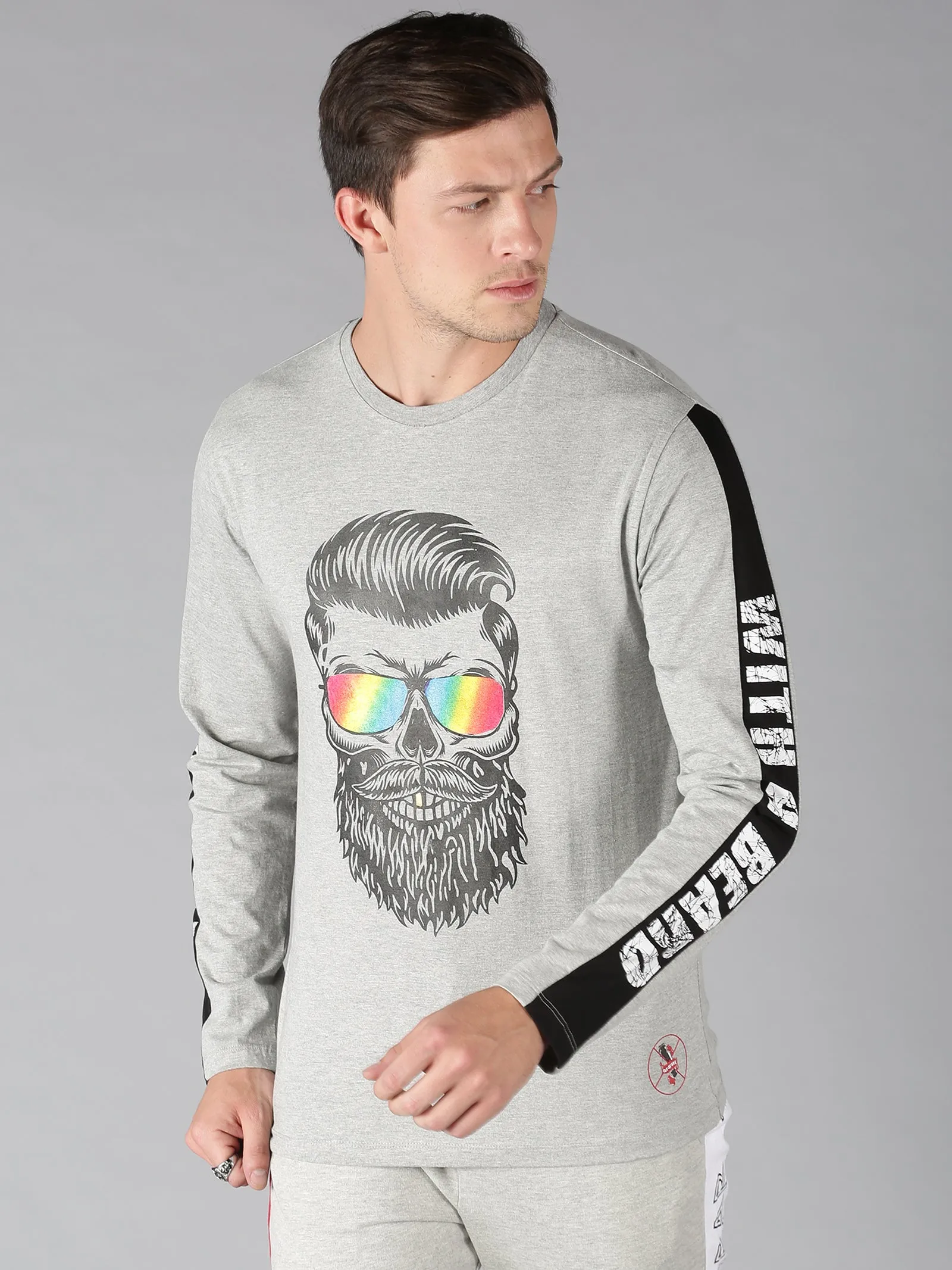 Men Grey Graphic Printed Round Neck Organic Cotton Long Sleeve Regular Fit Casual T-Shirt