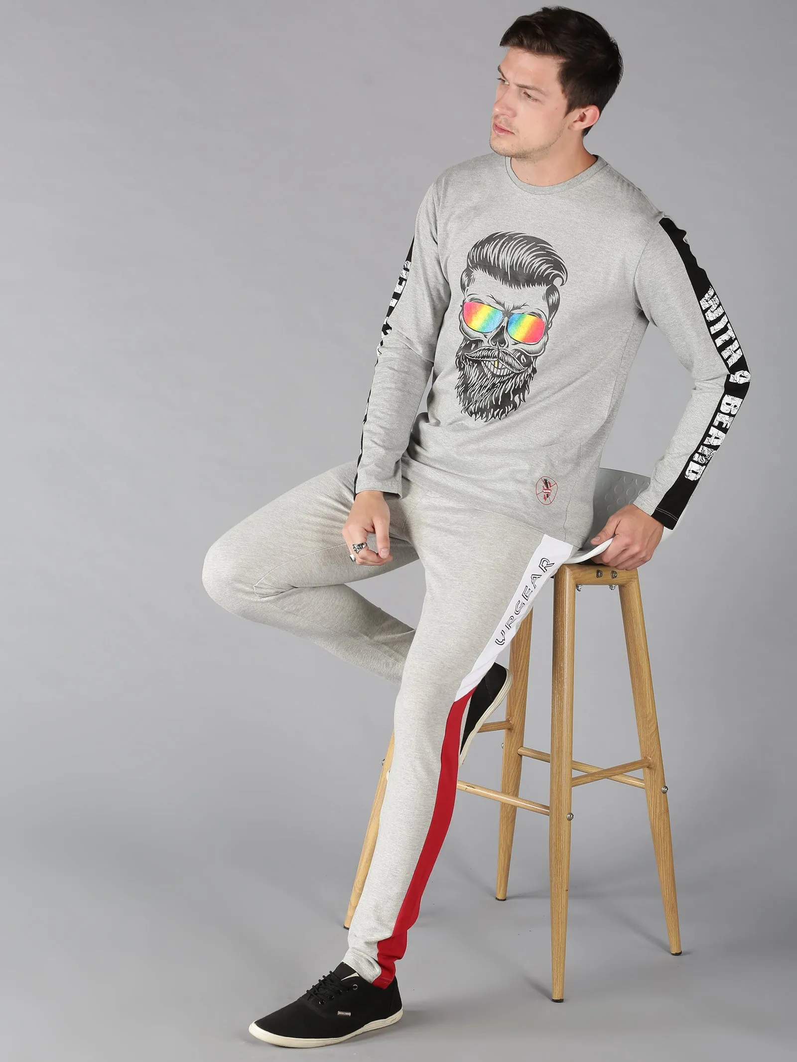 Men Grey Graphic Printed Round Neck Organic Cotton Long Sleeve Regular Fit Casual T-Shirt