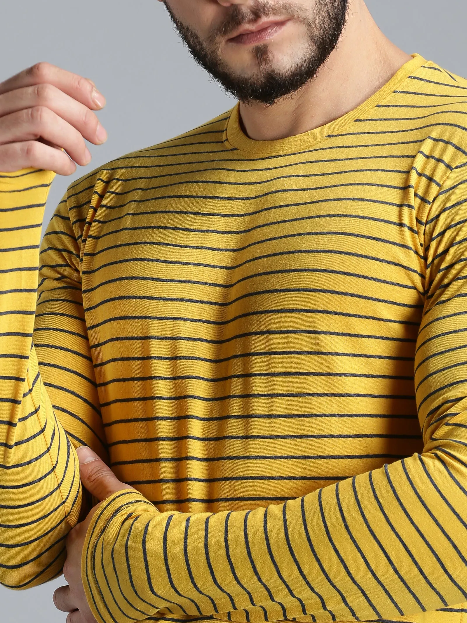 Men Yellow Navy Yarn Dyed Stripes Round Neck Recycled Cotton Full Sleeve Regular Fit Casual T-Shirt