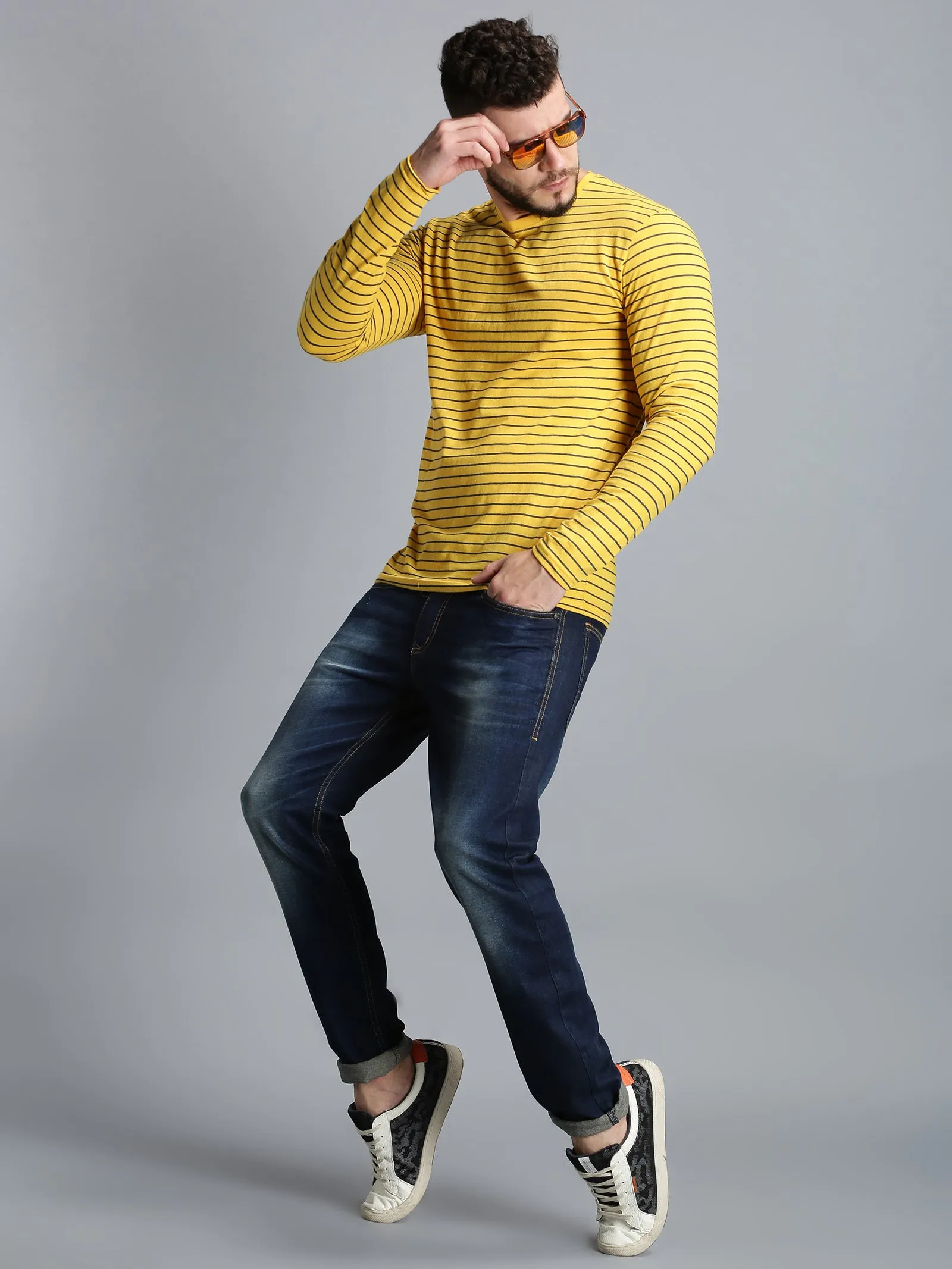 Men Yellow Navy Yarn Dyed Stripes Round Neck Recycled Cotton Full Sleeve Regular Fit Casual T-Shirt