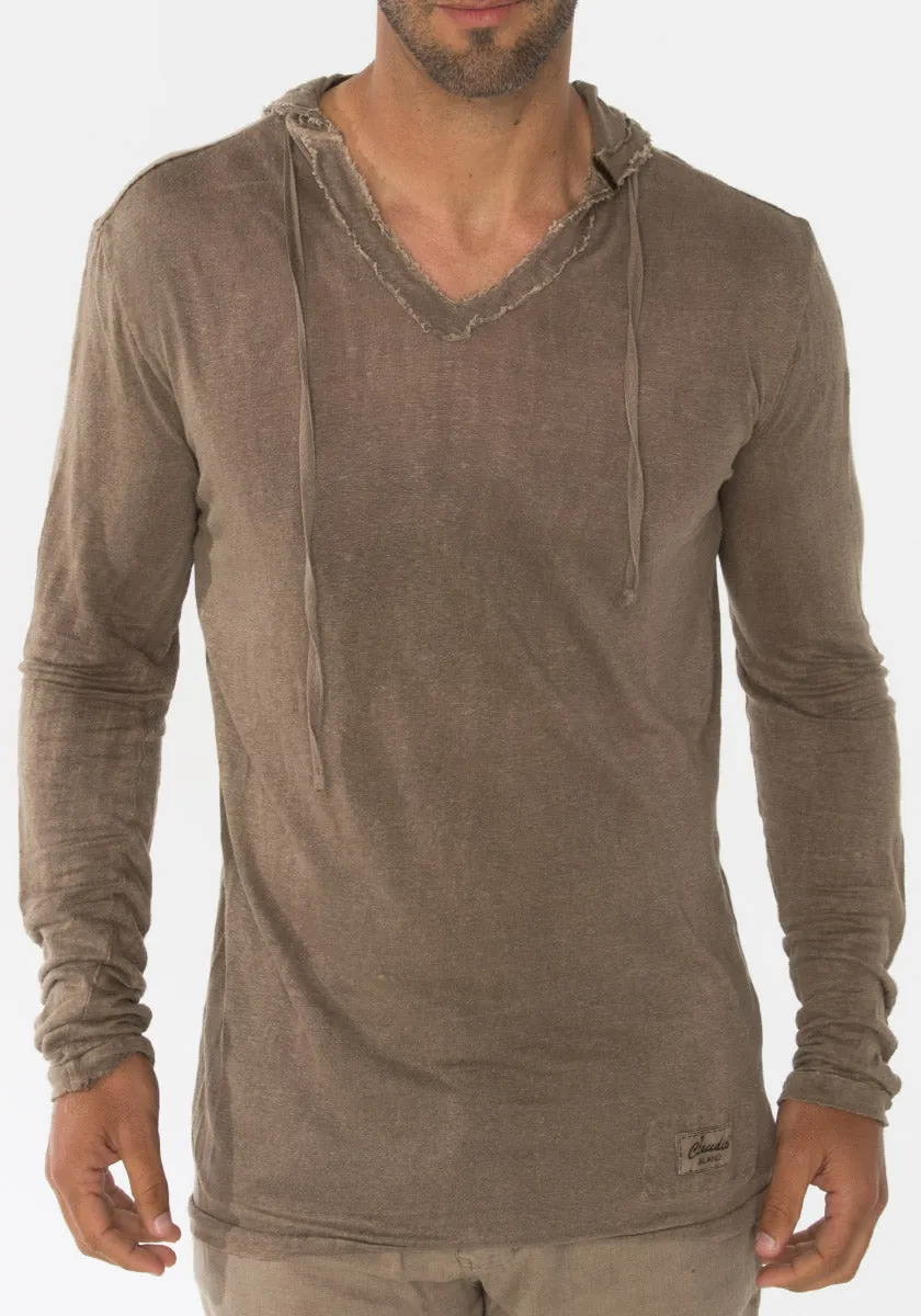 Men's Linen Long Sleeve Hoodie T-Shirt | Italian Style Jersey Linen, Fitted and Comfortable, Item #1118