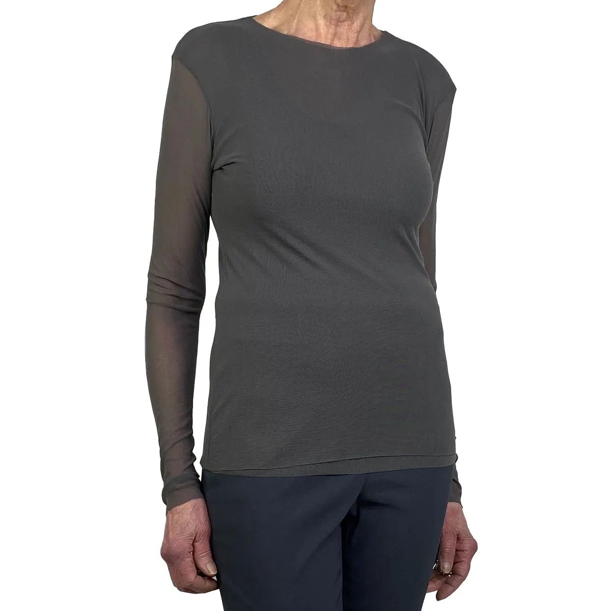 MESH LONG SLEEVE CREW-NECK TOP