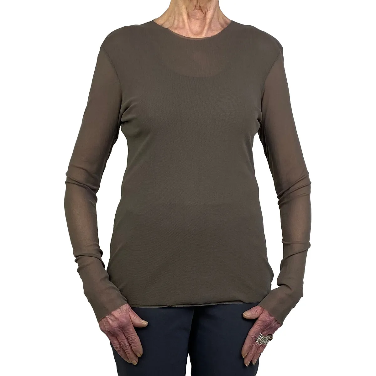 MESH LONG SLEEVE CREW-NECK TOP