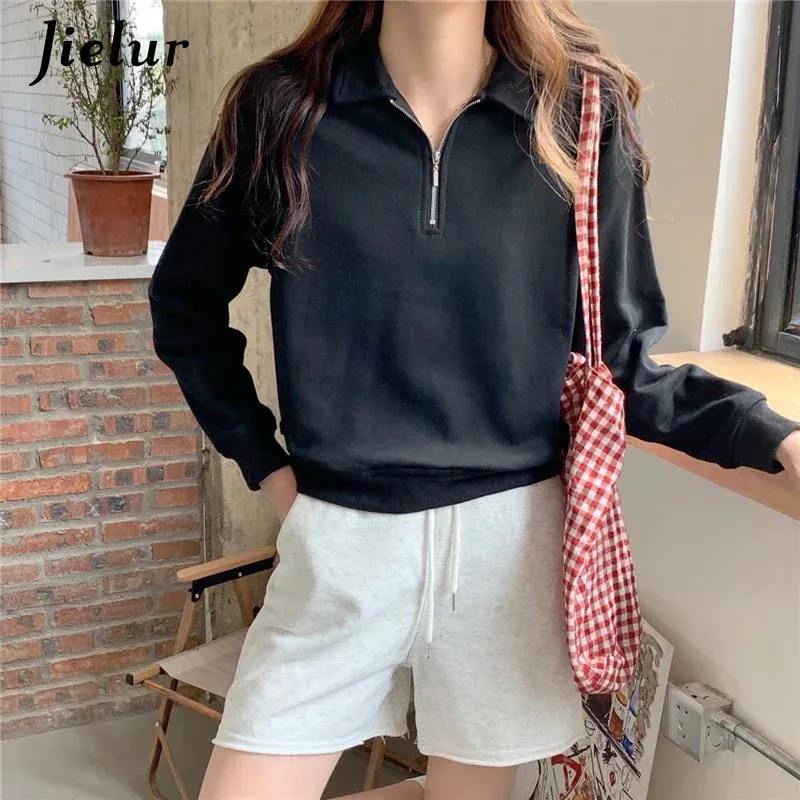 Metaversmall Autumn Long-sleeved Polo Collar Sweatshirts Women New Zipper Solid Color Basic Tops Female Elegant Apricot Pullovers M-XL