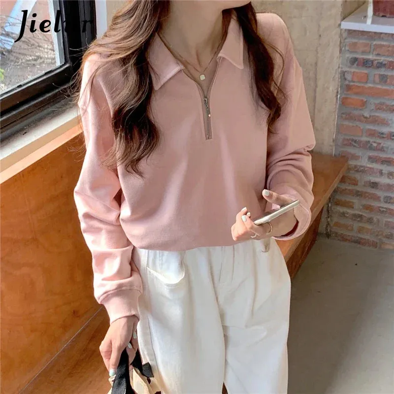 Metaversmall Autumn Long-sleeved Polo Collar Sweatshirts Women New Zipper Solid Color Basic Tops Female Elegant Apricot Pullovers M-XL