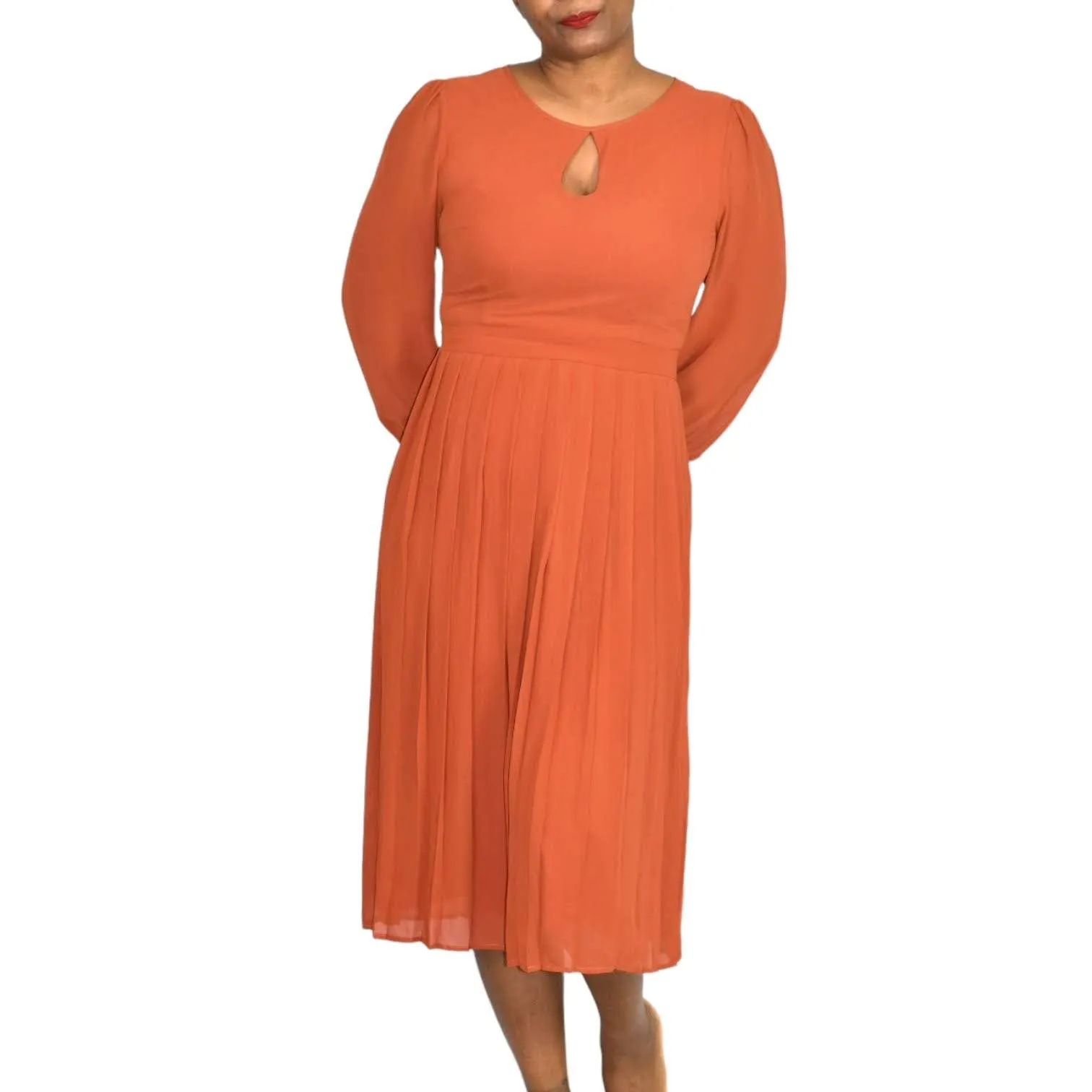 Modcloth Midi Dress Rust Keen on Pleats Orange Sheer Chiffon Secretary Retro Size 6