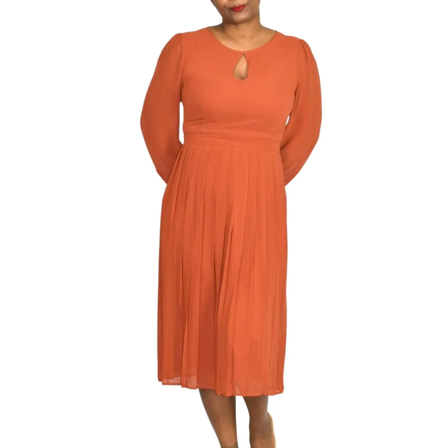 Modcloth Midi Dress Rust Keen on Pleats Orange Sheer Chiffon Secretary Retro Size 6