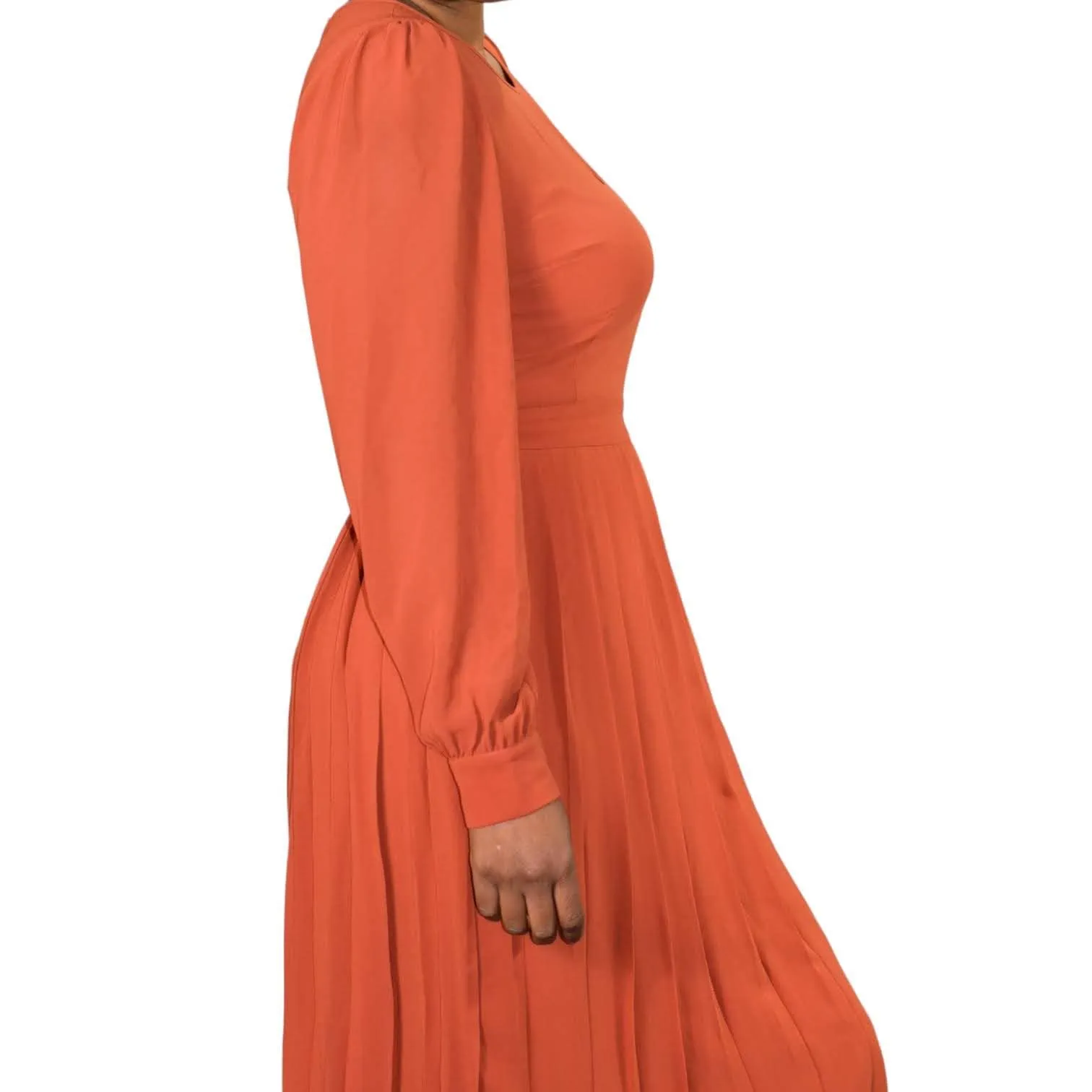 Modcloth Midi Dress Rust Keen on Pleats Orange Sheer Chiffon Secretary Retro Size 6