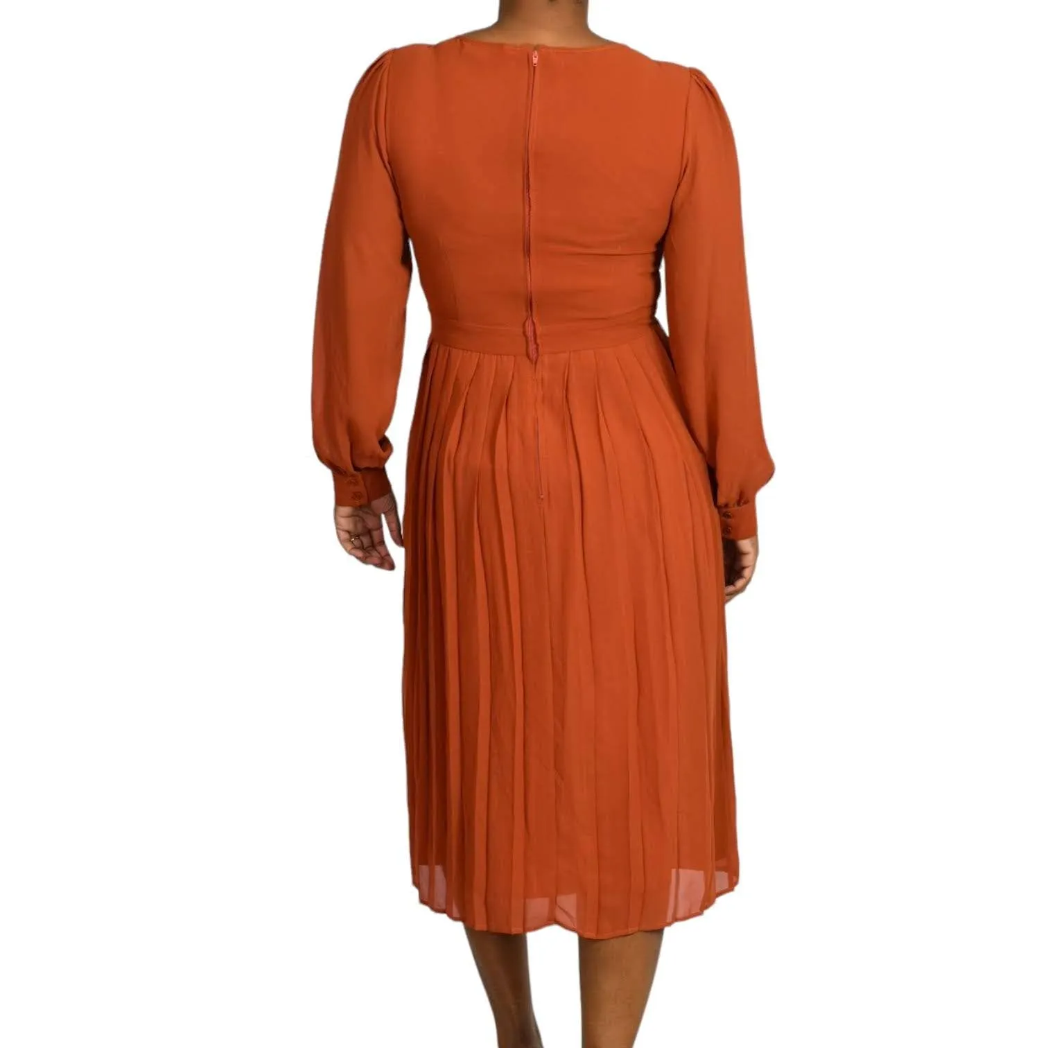 Modcloth Midi Dress Rust Keen on Pleats Orange Sheer Chiffon Secretary Retro Size 6