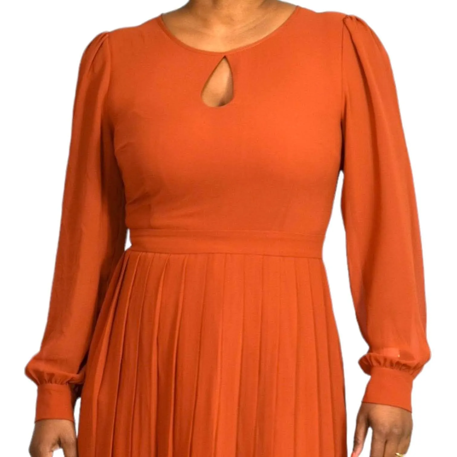 Modcloth Midi Dress Rust Keen on Pleats Orange Sheer Chiffon Secretary Retro Size 6